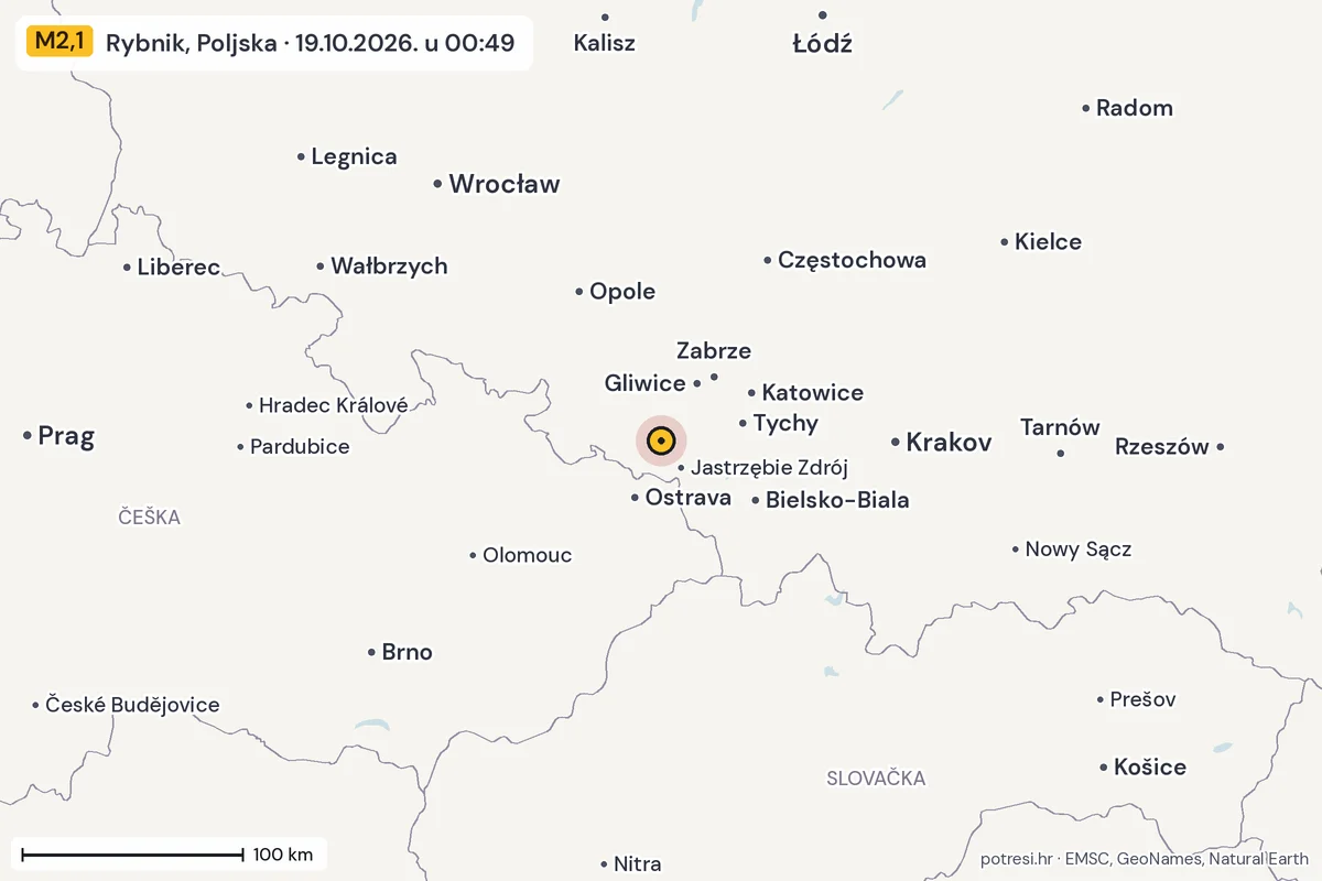 Karta: šire područje, 600 km, potres M2,1, Rybnik, Poljska, 19.10.2026.