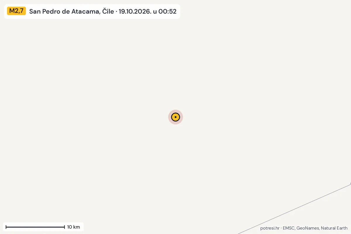 Karta: okolica epicentra, 60 km, potres M2,7, San Pedro de Atacama, Čile, 19.10.2026.