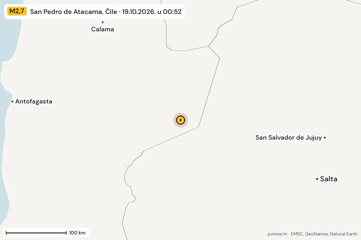 Karta: šire područje, 600 km, potres M2,7, San Pedro de Atacama, Čile, 19.10.2026.