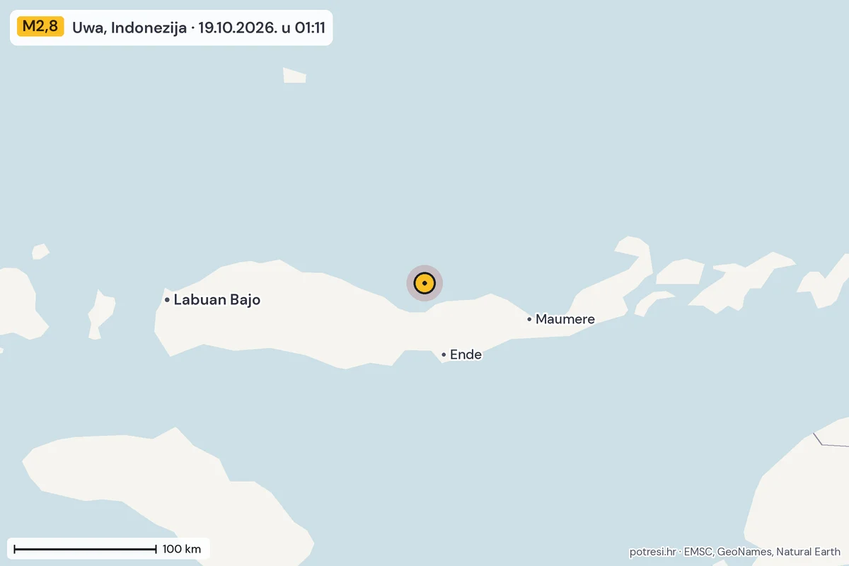Karta: šire područje, 600 km, potres M2,8, Uwa, Indonezija, 19.10.2026.