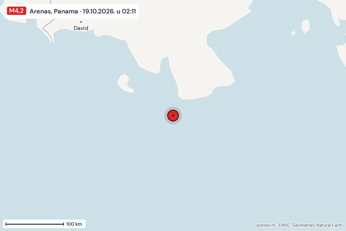 Karta: šire područje, 600 km, potres M4,2, Arenas, Panama, 19.10.2026.
