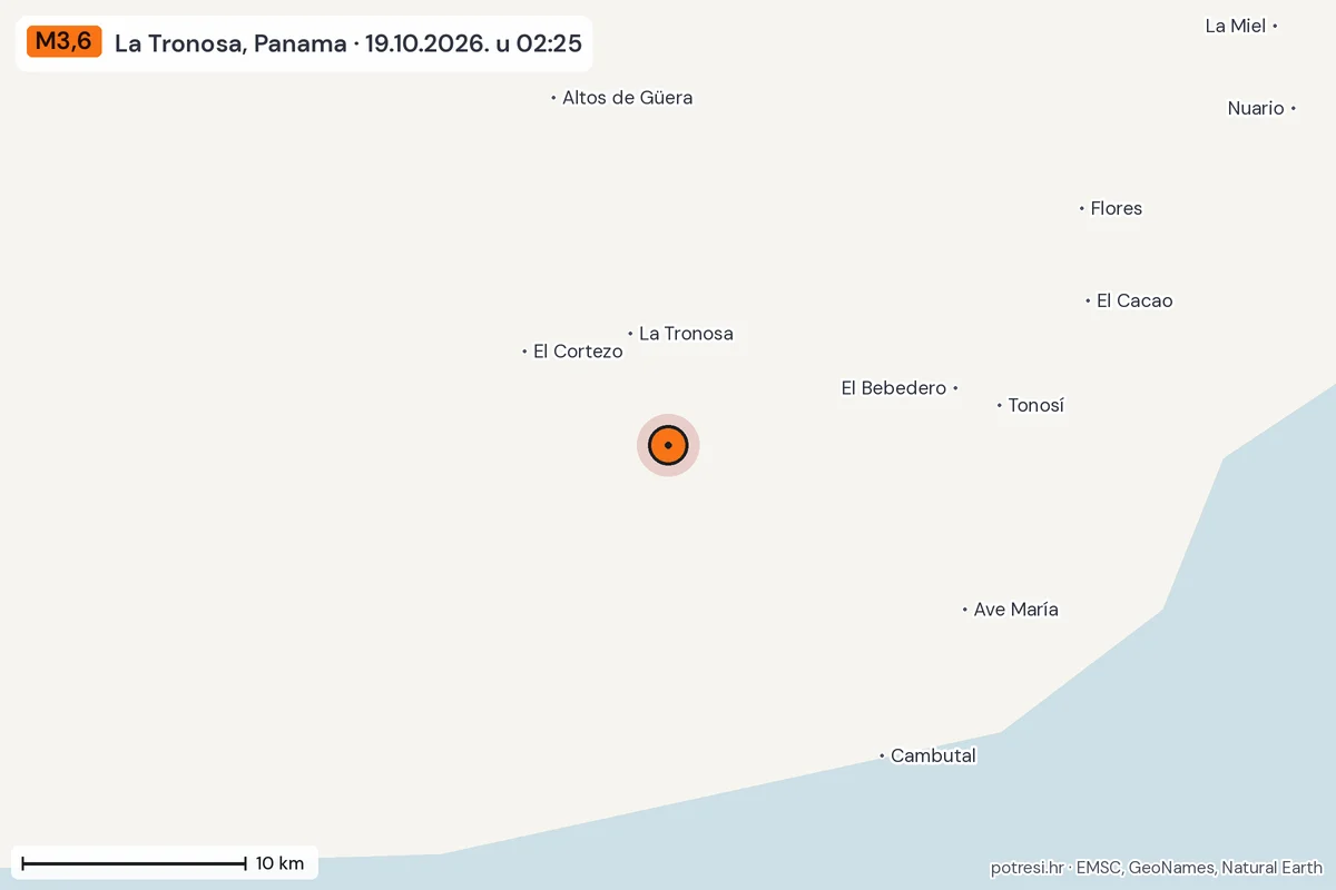 Karta: okolica epicentra, 60 km, potres M3,6, La Tronosa, Panama, 19.10.2026.