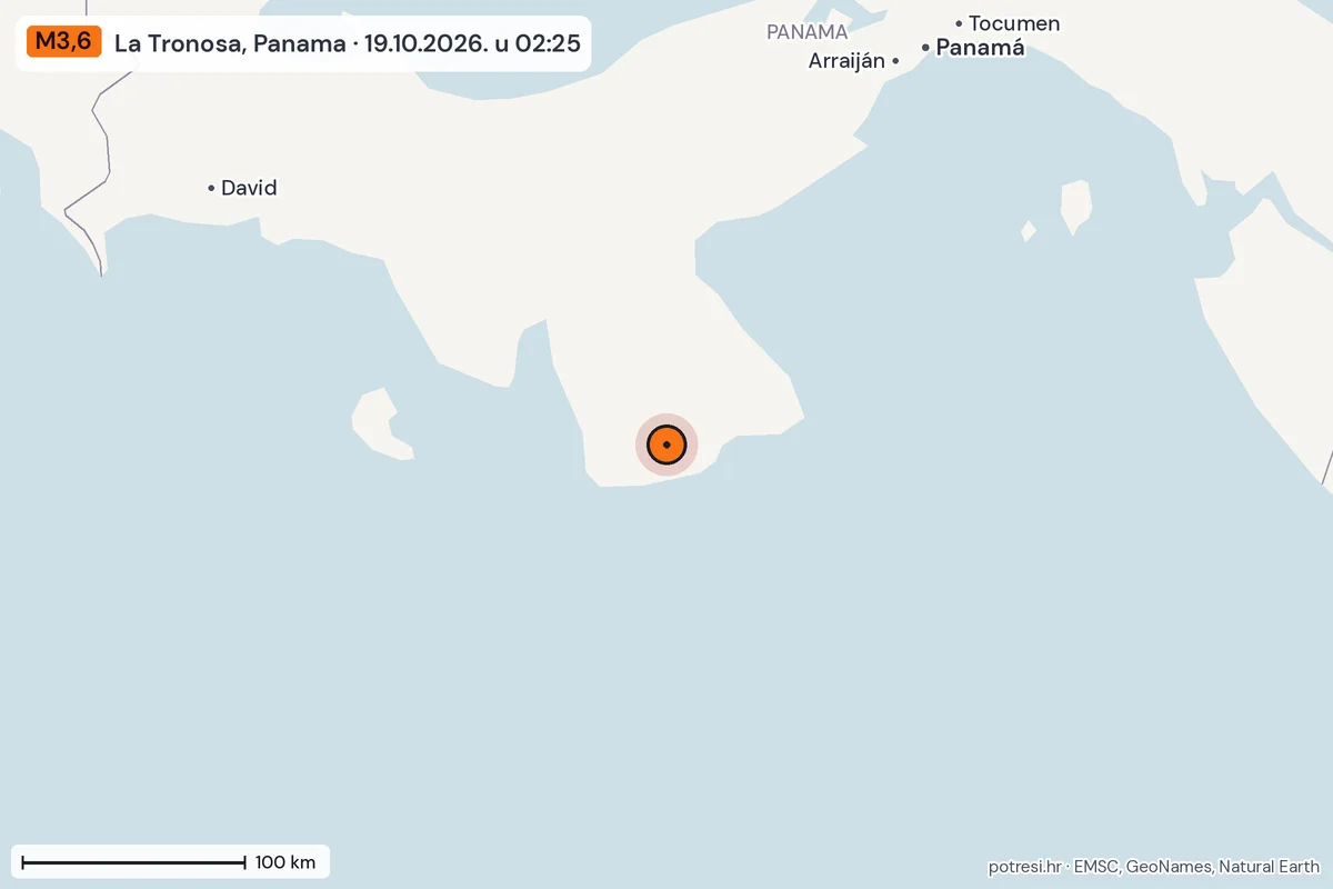 Karta: šire područje, 600 km, potres M3,6, La Tronosa, Panama, 19.10.2026.