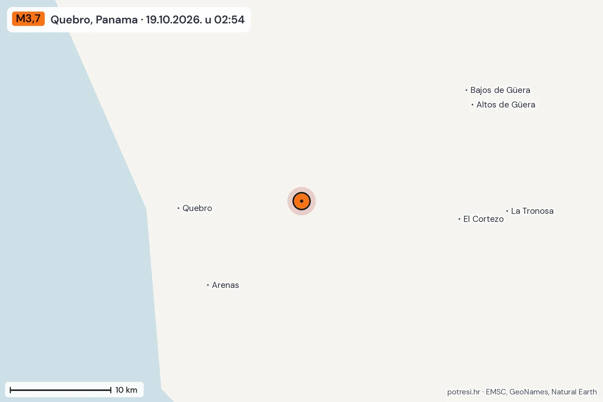 Karta: okolica epicentra, 60 km, potres M3,7, Quebro, Panama, 19.10.2026.
