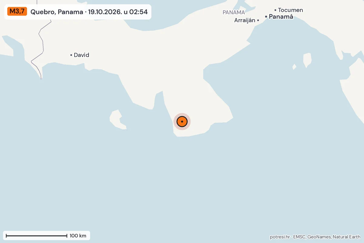 Karta: šire područje, 600 km, potres M3,7, Quebro, Panama, 19.10.2026.