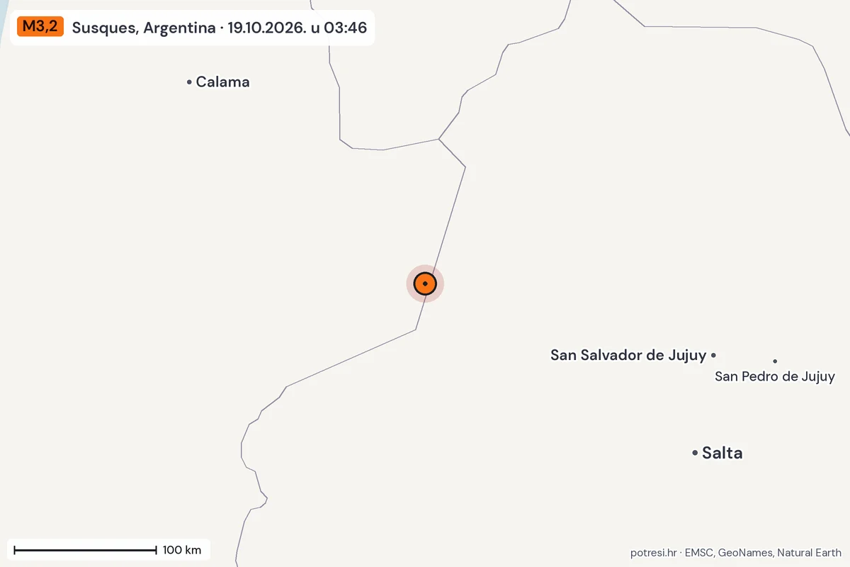 Karta: šire područje, 600 km, potres M3,2, Susques, Argentina, 19.10.2026.