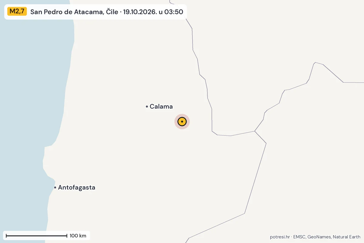 Karta: šire područje, 600 km, potres M2,7, San Pedro de Atacama, Čile, 19.10.2026.