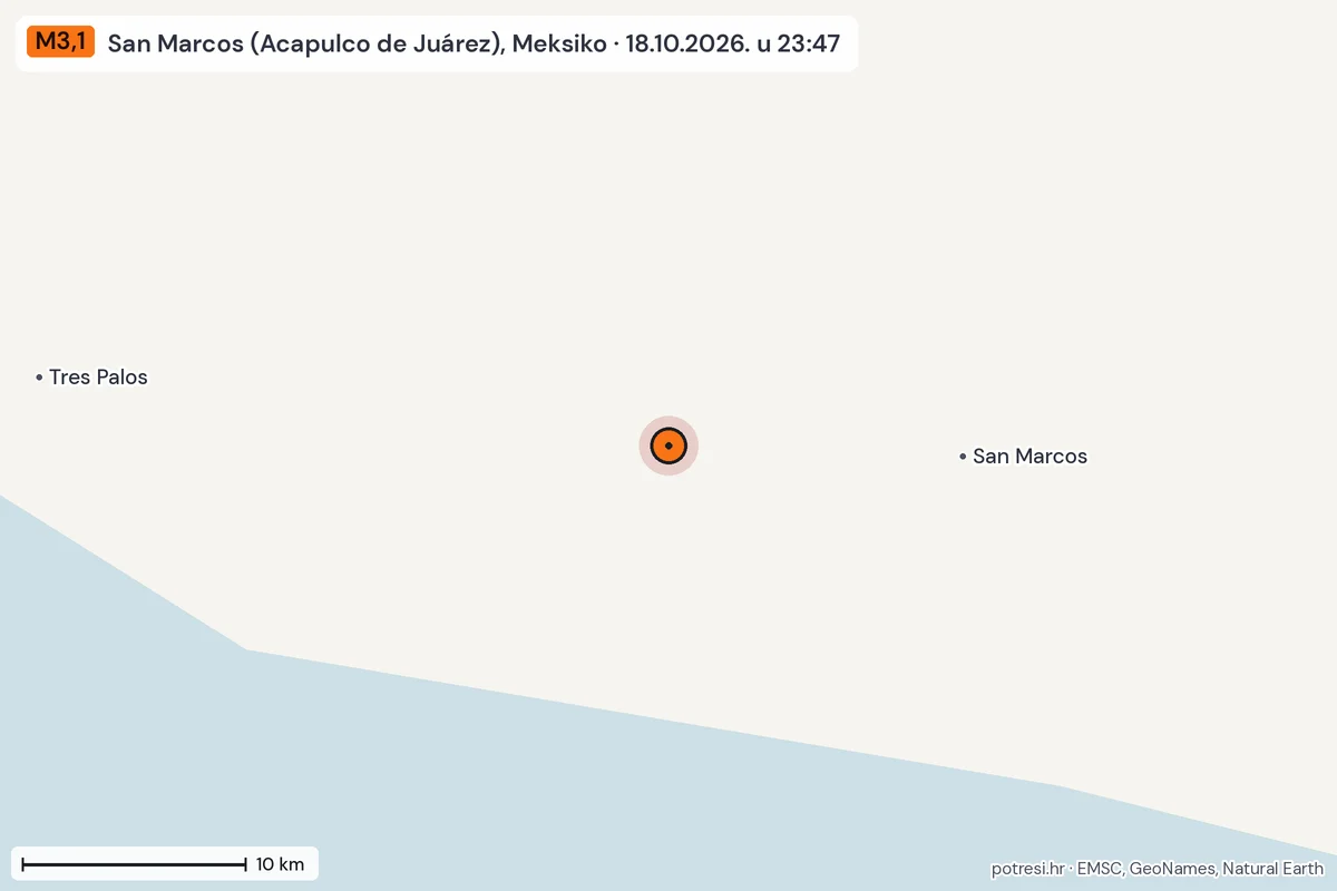 Karta: okolica epicentra, 60 km, potres M3,1, San Marcos (Acapulco de Juárez), Meksiko, 18.10.2026.