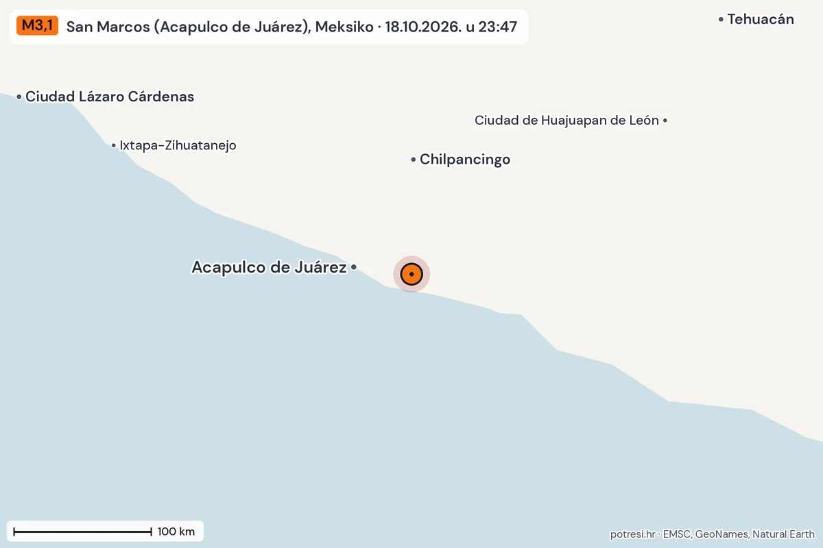 Karta: šire područje, 600 km, potres M3,1, San Marcos (Acapulco de Juárez), Meksiko, 18.10.2026.