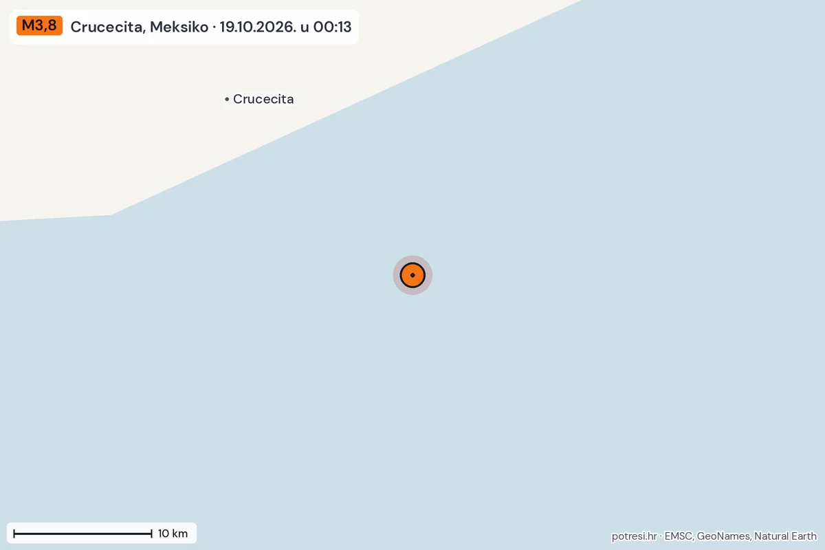 Karta: okolica epicentra, 60 km, potres M3,8, Crucecita, Meksiko, 19.10.2026.