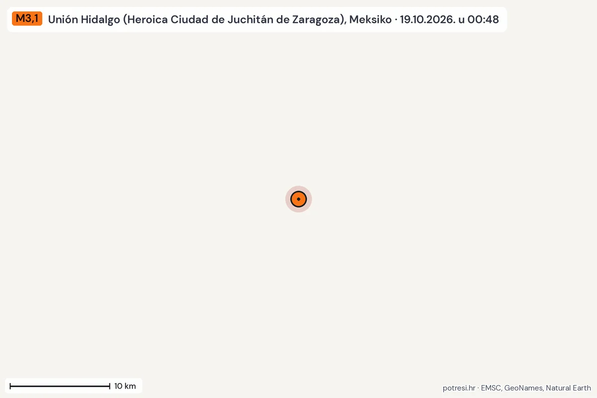 Karta: okolica epicentra, 60 km, potres M3,1, Unión Hidalgo (Heroica Ciudad de Juchitán de Zaragoza), Meksiko, 19.10.2026.