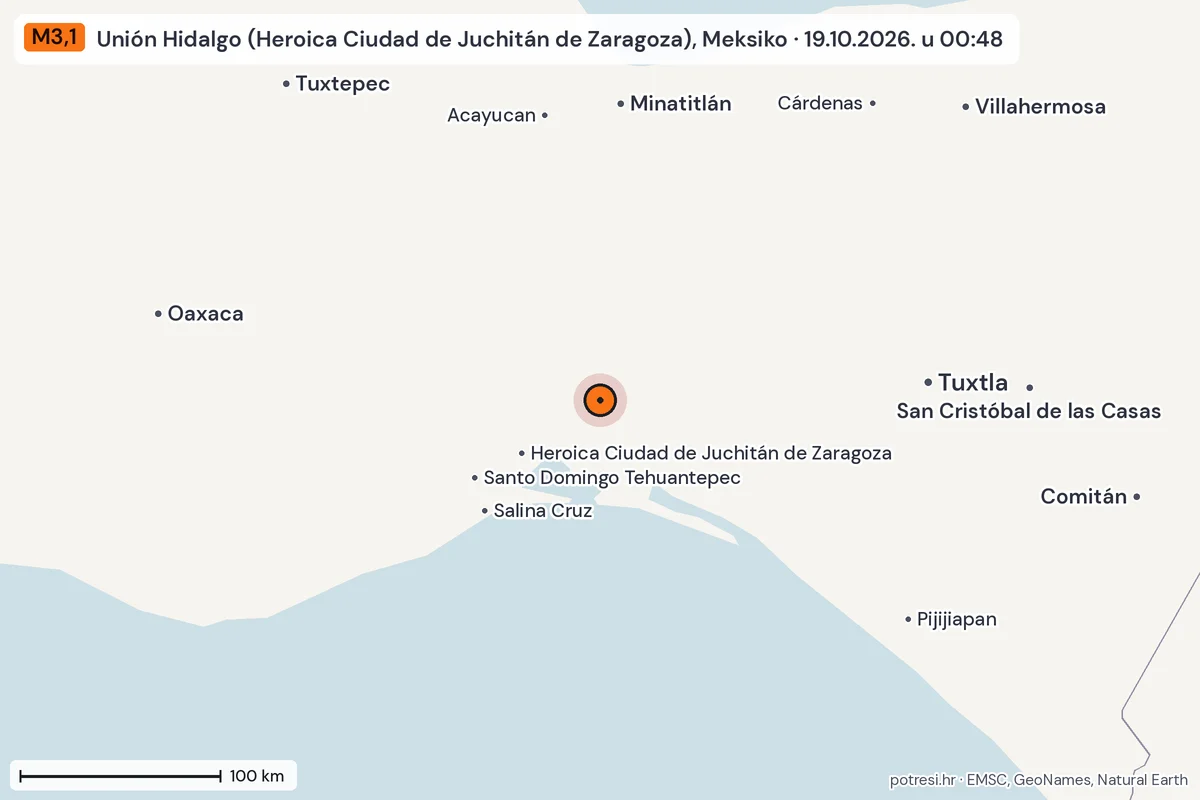 Karta: šire područje, 600 km, potres M3,1, Unión Hidalgo (Heroica Ciudad de Juchitán de Zaragoza), Meksiko, 19.10.2026.