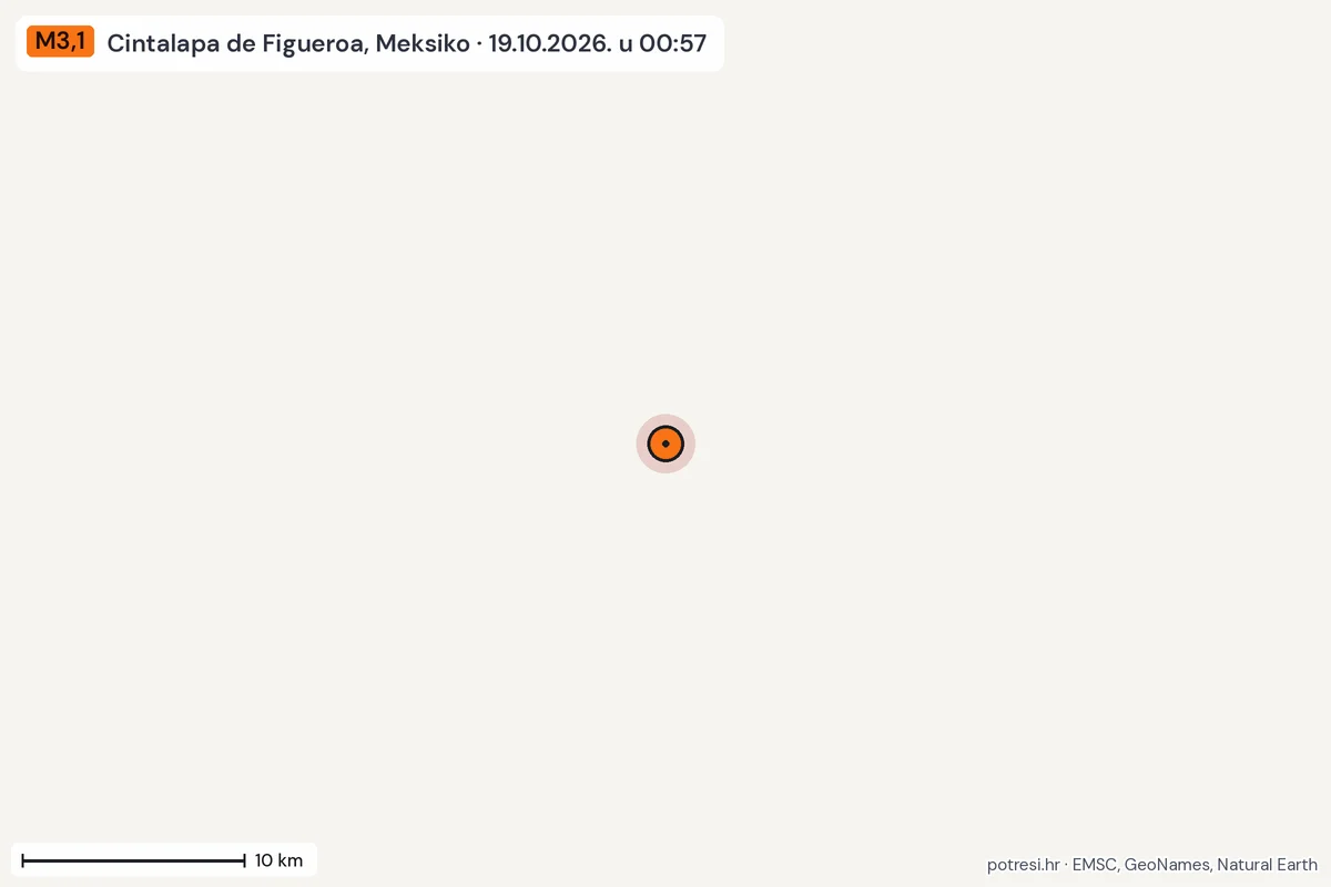 Karta: okolica epicentra, 60 km, potres M3,1, Cintalapa de Figueroa, Meksiko, 19.10.2026.