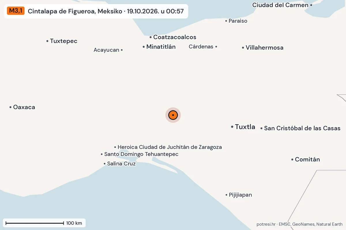 Karta: šire područje, 600 km, potres M3,1, Cintalapa de Figueroa, Meksiko, 19.10.2026.