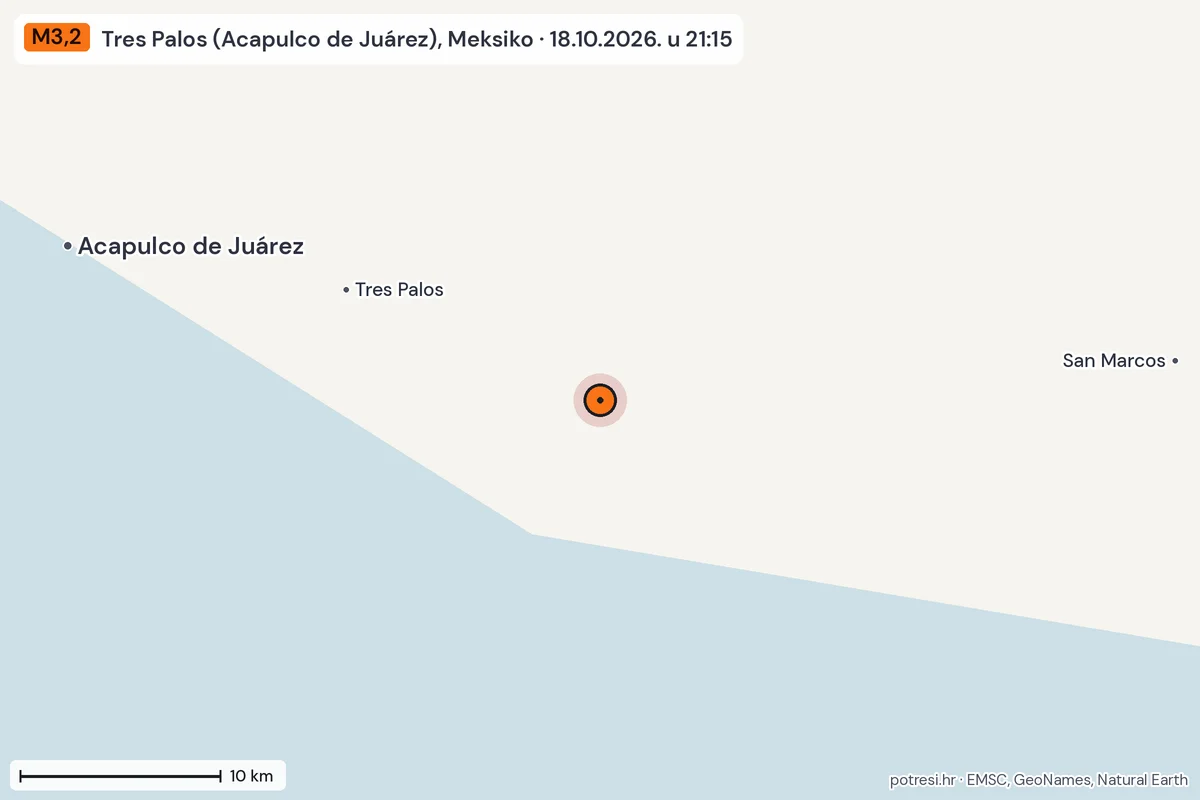 Karta: okolica epicentra, 60 km, potres M3,2, Tres Palos (Acapulco de Juárez), Meksiko, 18.10.2026.