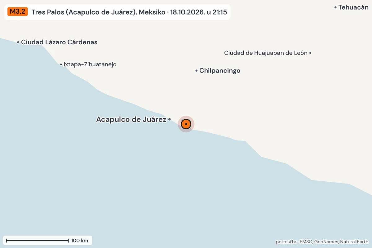 Karta: šire područje, 600 km, potres M3,2, Tres Palos (Acapulco de Juárez), Meksiko, 18.10.2026.