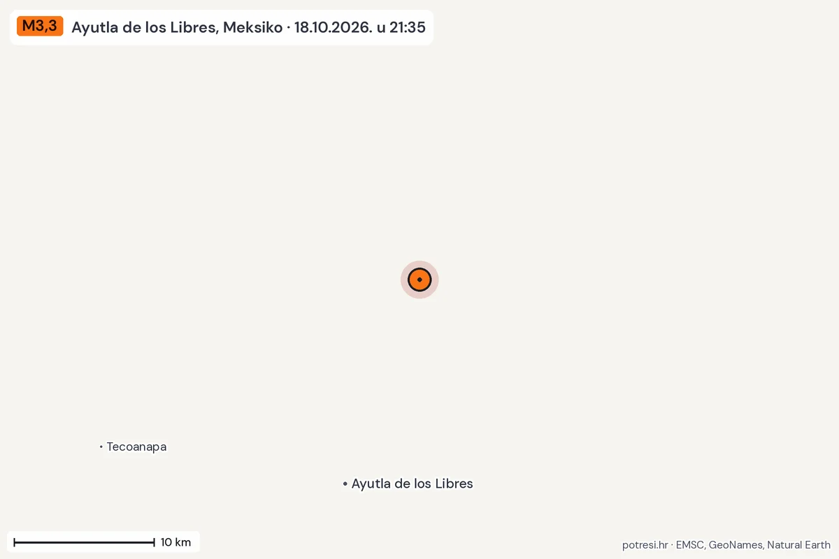 Karta: okolica epicentra, 60 km, potres M3,3, Ayutla de los Libres, Meksiko, 18.10.2026.