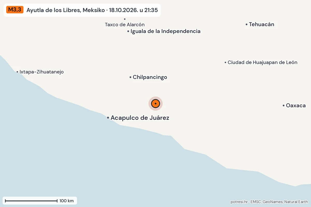 Karta: šire područje, 600 km, potres M3,3, Ayutla de los Libres, Meksiko, 18.10.2026.
