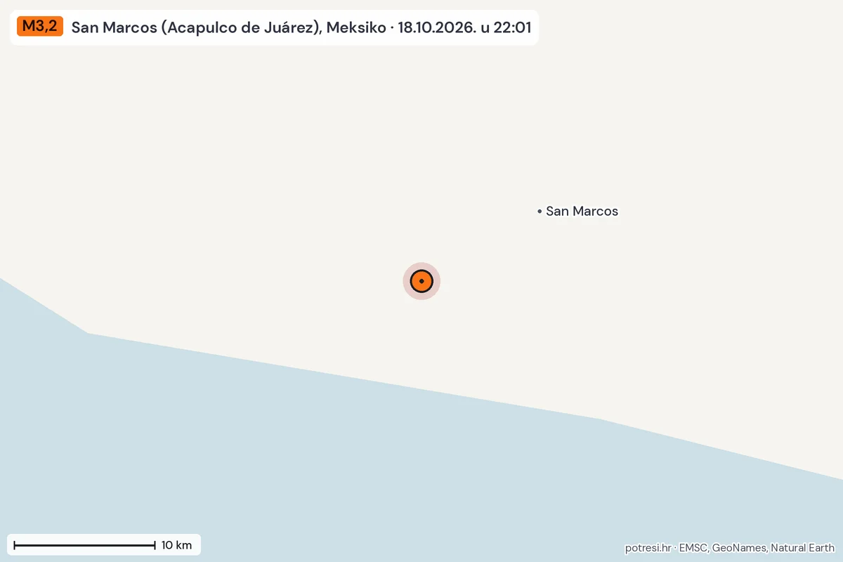 Karta: okolica epicentra, 60 km, potres M3,2, San Marcos (Acapulco de Juárez), Meksiko, 18.10.2026.