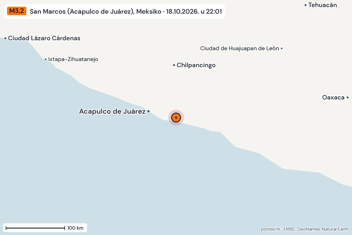 Karta: šire područje, 600 km, potres M3,2, San Marcos (Acapulco de Juárez), Meksiko, 18.10.2026.