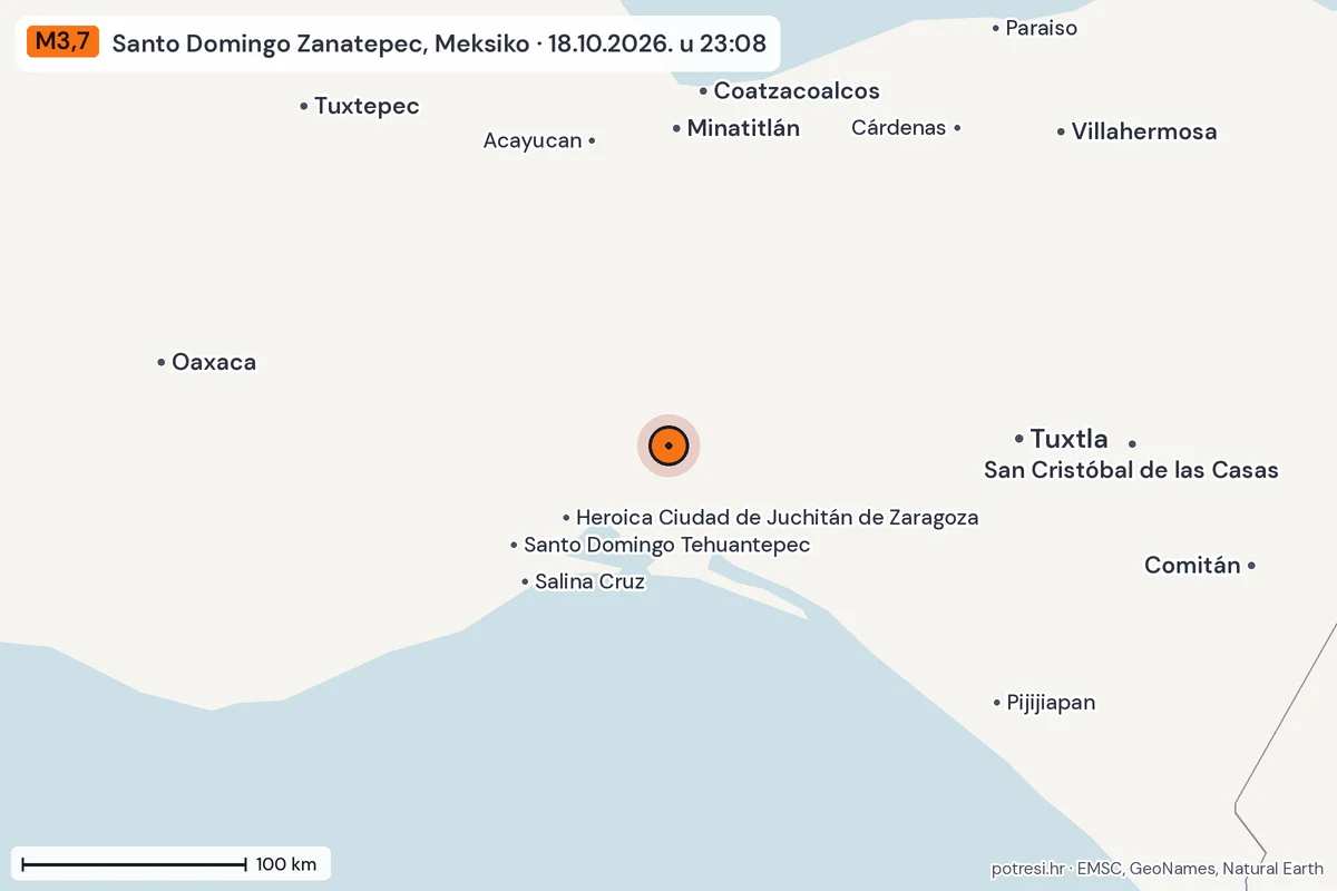 Karta: šire područje, 600 km, potres M3,7, Santo Domingo Zanatepec, Meksiko, 18.10.2026.