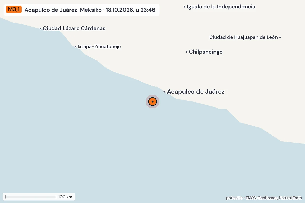 Karta: šire područje, 600 km, potres M3,1, Acapulco de Juárez, Meksiko, 18.10.2026.
