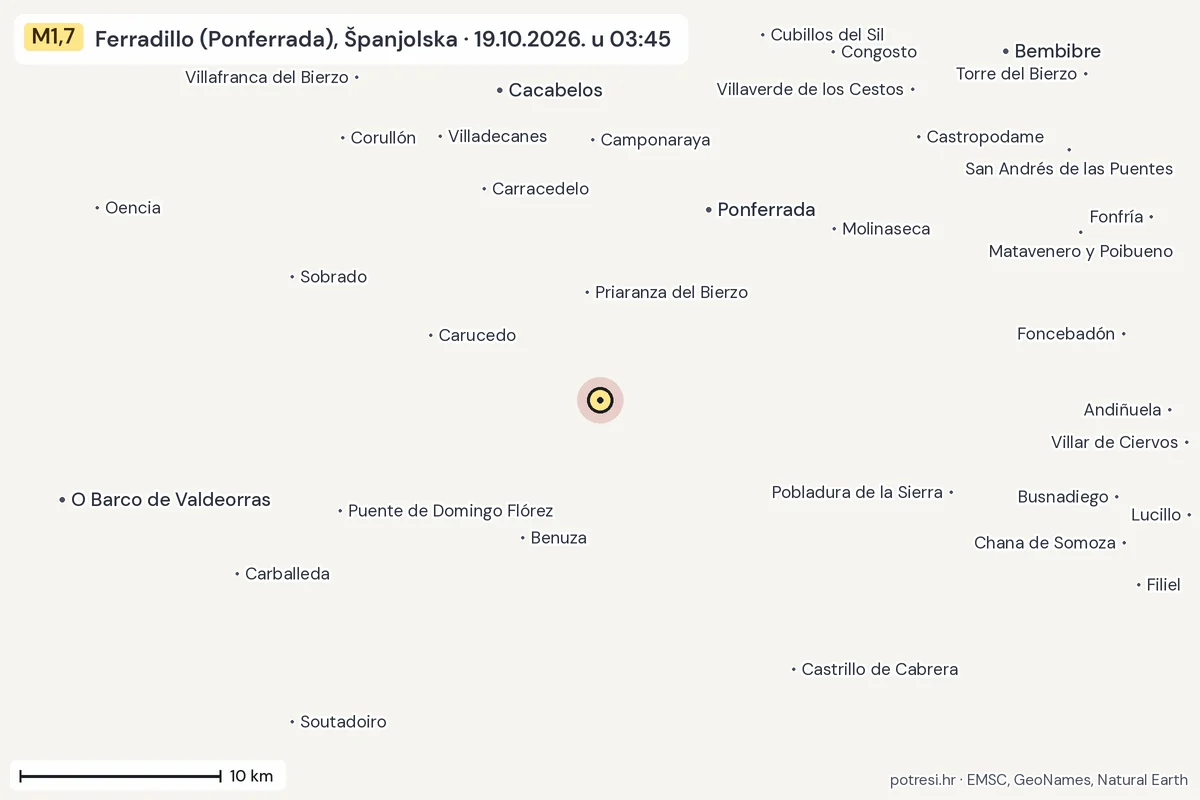 Karta: okolica epicentra, 60 km, potres M1,7, Ferradillo (Ponferrada), Španjolska, 19.10.2026.