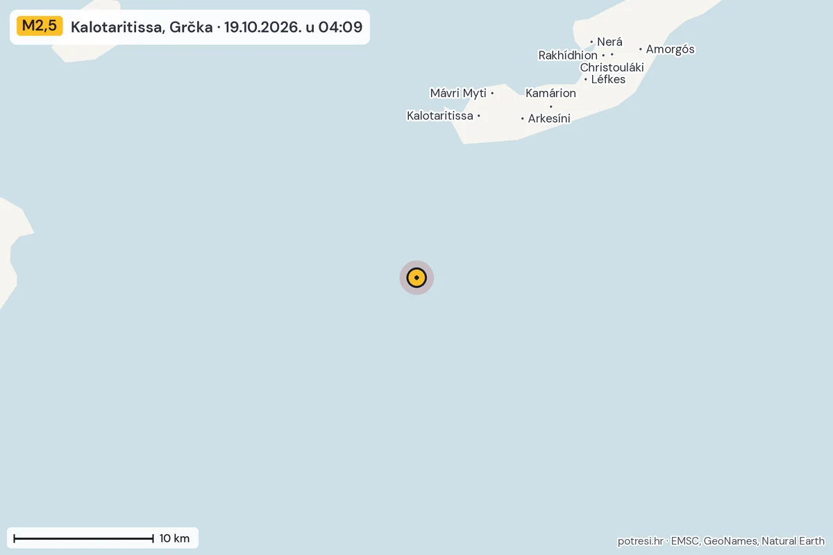 Karta: okolica epicentra, 60 km, potres M2,5, Kalotaritissa, Grčka, 19.10.2026.