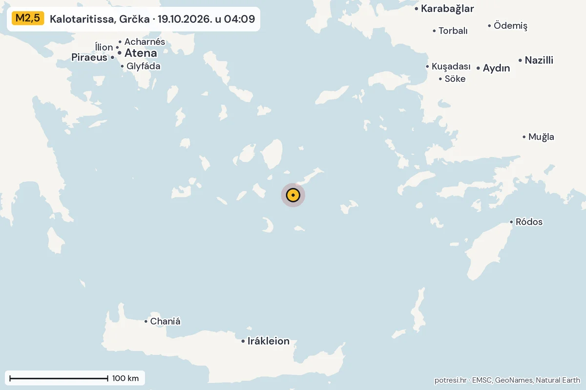Karta: šire područje, 600 km, potres M2,5, Kalotaritissa, Grčka, 19.10.2026.
