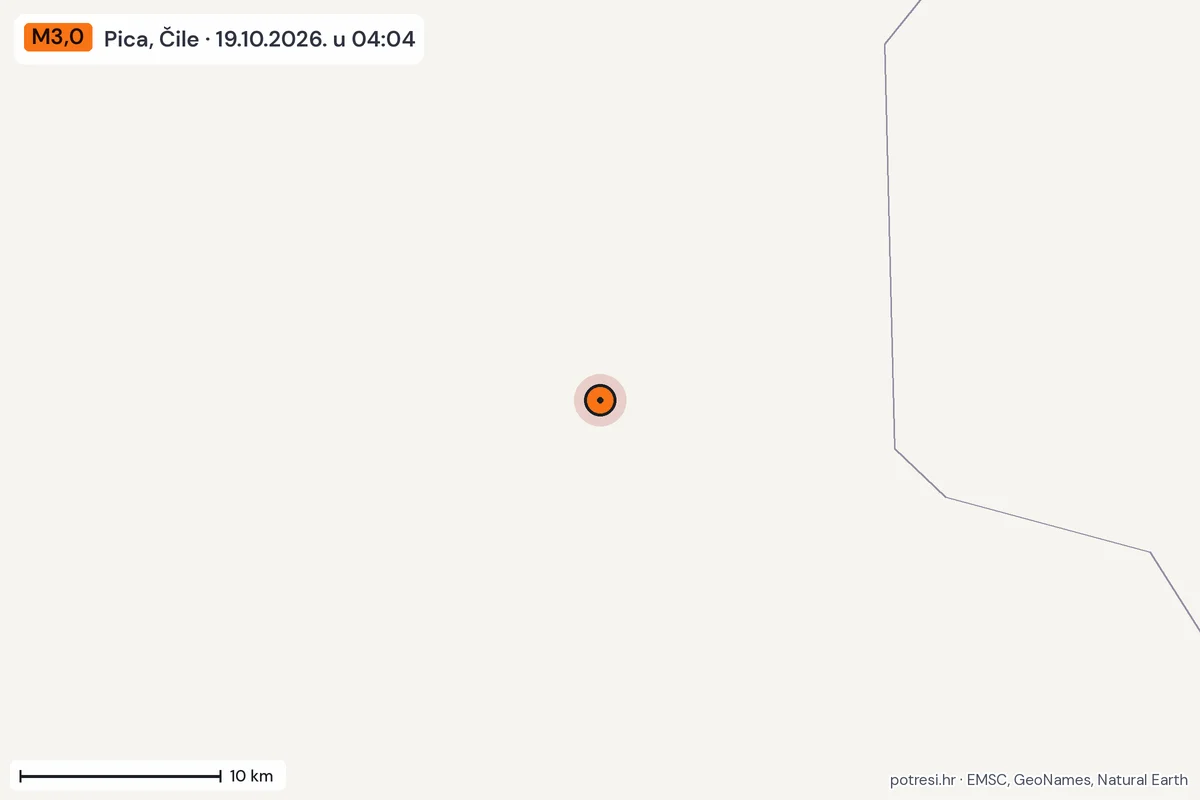 Karta: okolica epicentra, 60 km, potres M3,0, Pica, Čile, 19.10.2026.
