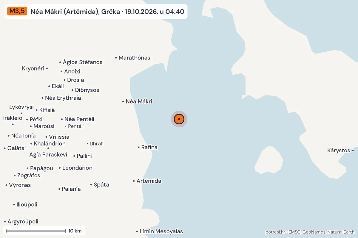 Karta: okolica epicentra, 60 km, potres M3,5, Néa Mákri (Artémida), Grčka, 19.10.2026.