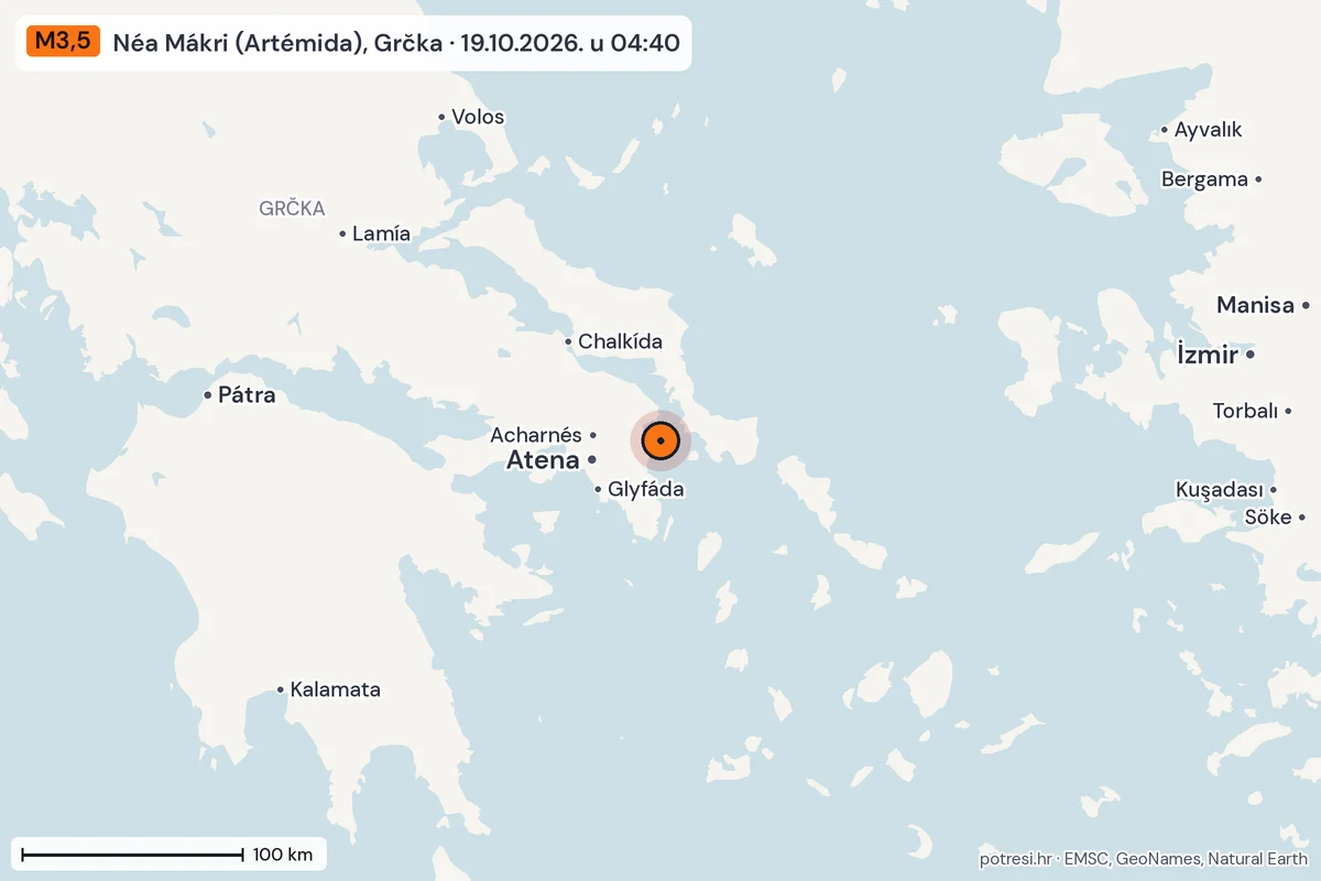 Karta: šire područje, 600 km, potres M3,5, Néa Mákri (Artémida), Grčka, 19.10.2026.