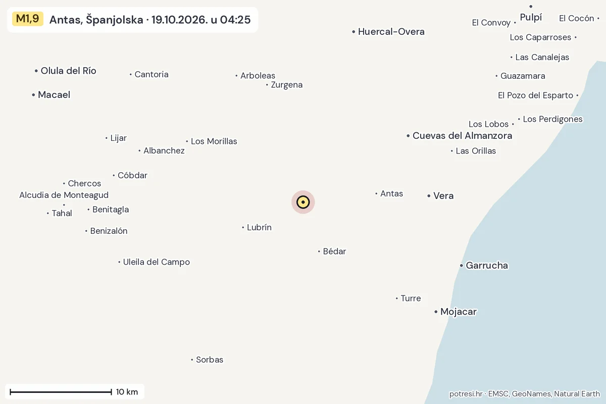 Karta: okolica epicentra, 60 km, potres M1,9, Antas, Španjolska, 19.10.2026.