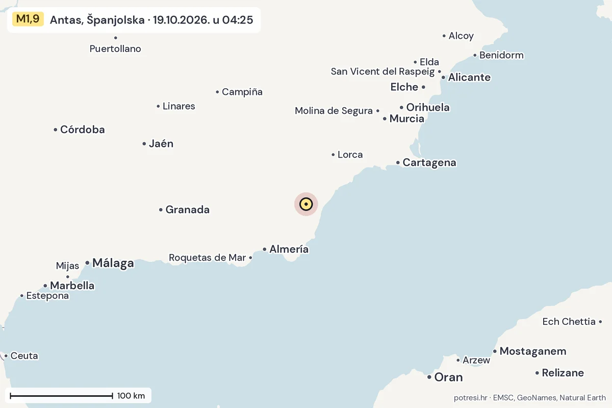 Karta: šire područje, 600 km, potres M1,9, Antas, Španjolska, 19.10.2026.