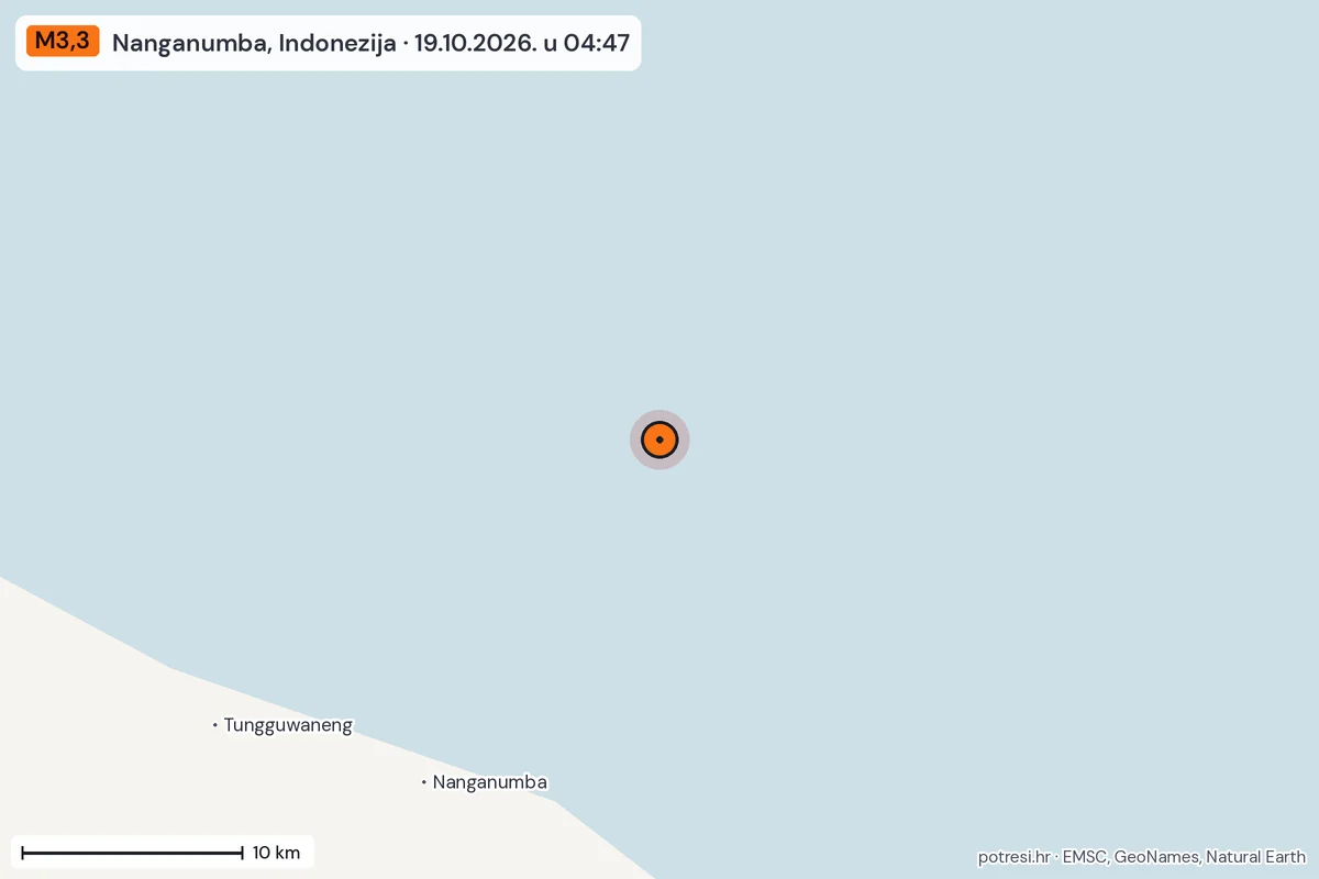 Karta: okolica epicentra, 60 km, potres M3,3, Nanganumba, Indonezija, 19.10.2026.