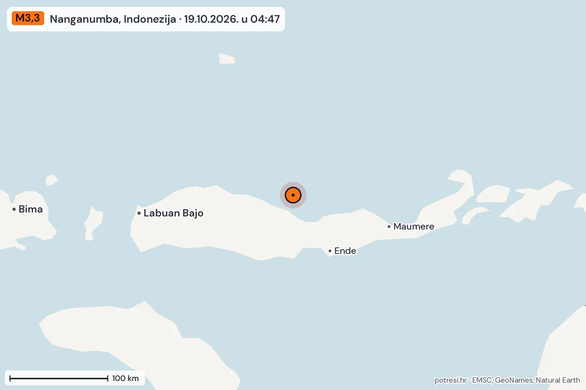 Karta: šire područje, 600 km, potres M3,3, Nanganumba, Indonezija, 19.10.2026.