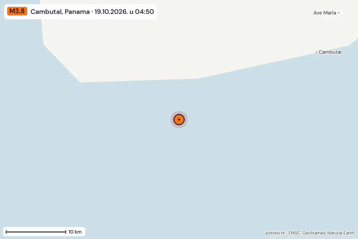Karta: okolica epicentra, 60 km, potres M3,8, Cambutal, Panama, 19.10.2026.