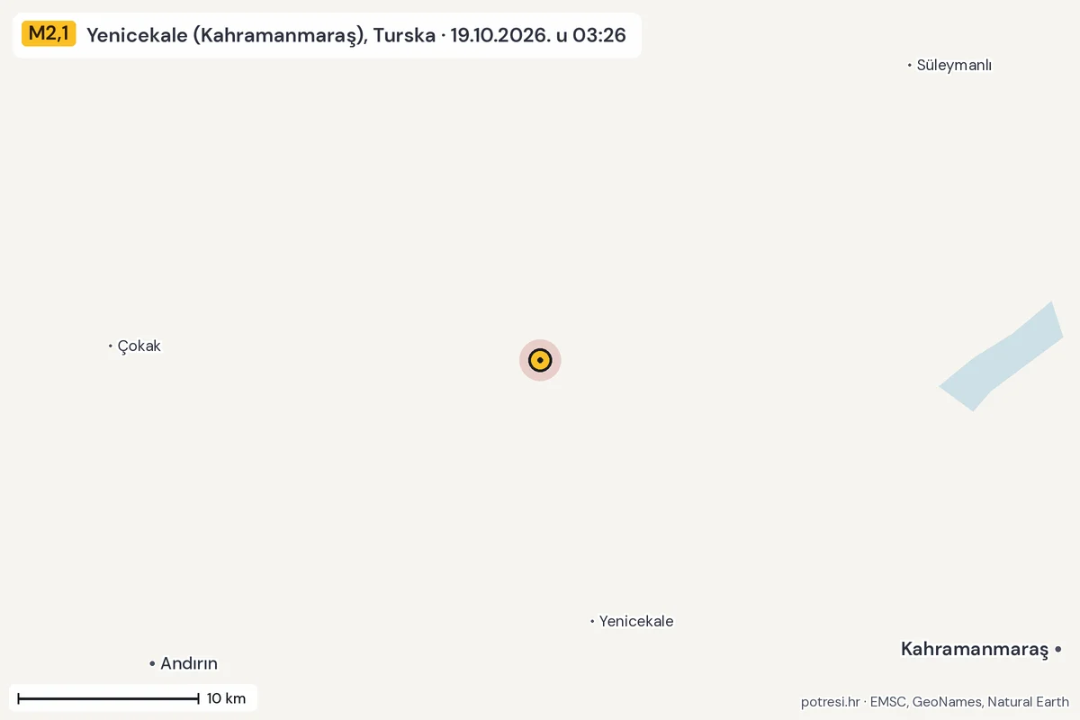 Karta: okolica epicentra, 60 km, potres M2,1, Yenicekale (Kahramanmaraş), Turska, 19.10.2026.