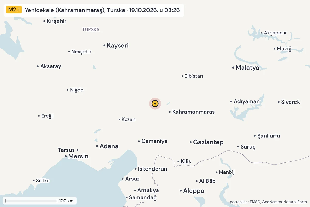 Karta: šire područje, 600 km, potres M2,1, Yenicekale (Kahramanmaraş), Turska, 19.10.2026.