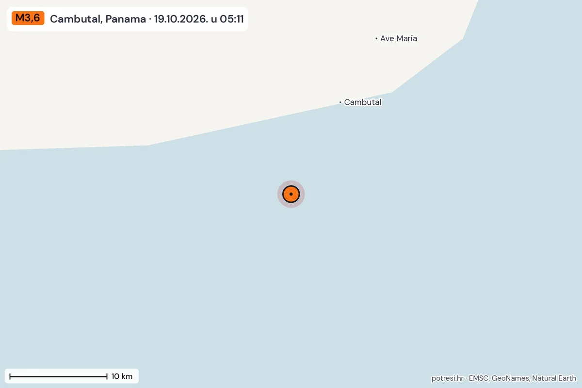 Karta: okolica epicentra, 60 km, potres M3,6, Cambutal, Panama, 19.10.2026.