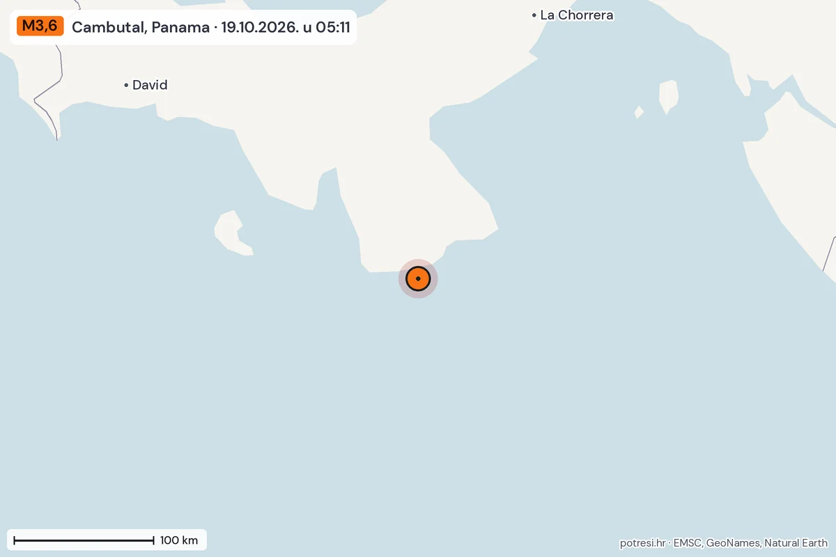Karta: šire područje, 600 km, potres M3,6, Cambutal, Panama, 19.10.2026.