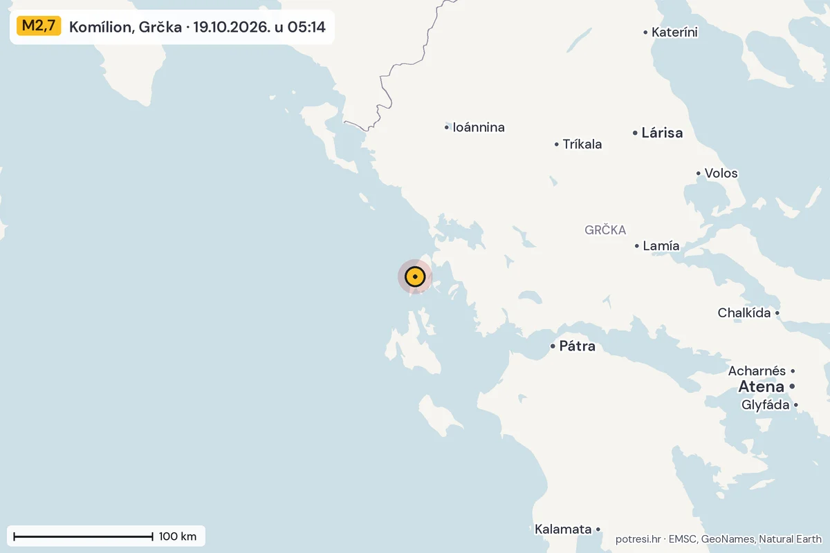 Karta: šire područje, 600 km, potres M2,7, Komílion, Grčka, 19.10.2026.