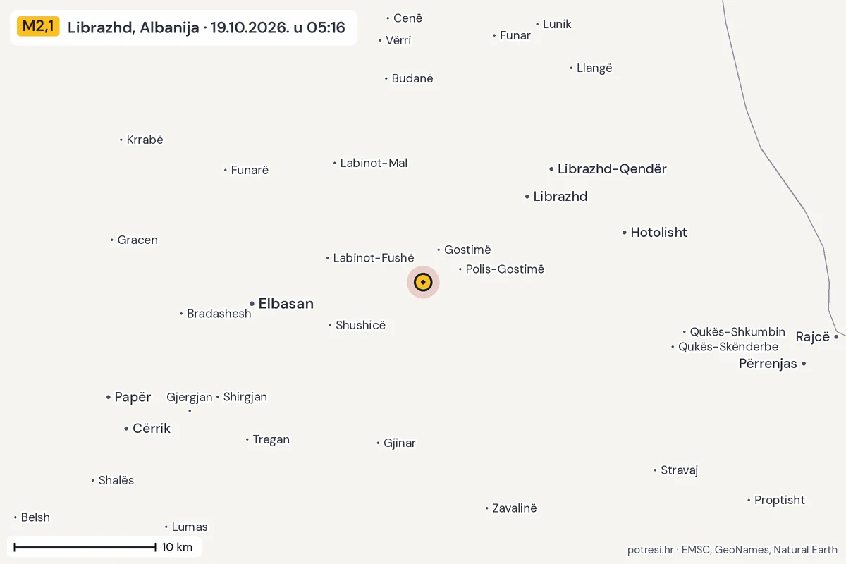 Karta: okolica epicentra, 60 km, potres M2,1, Librazhd, Albanija, 19.10.2026.