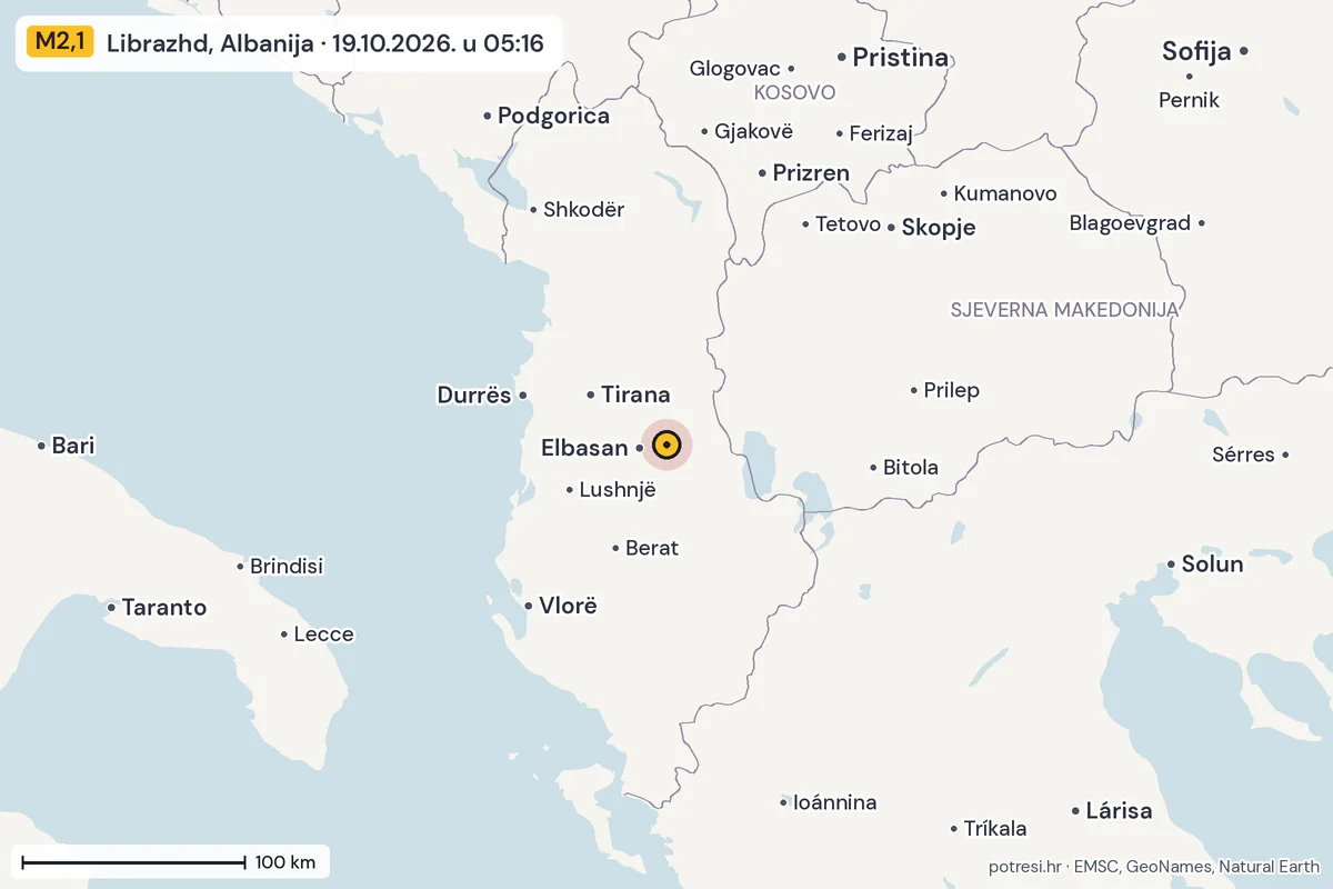 Karta: šire područje, 600 km, potres M2,1, Librazhd, Albanija, 19.10.2026.