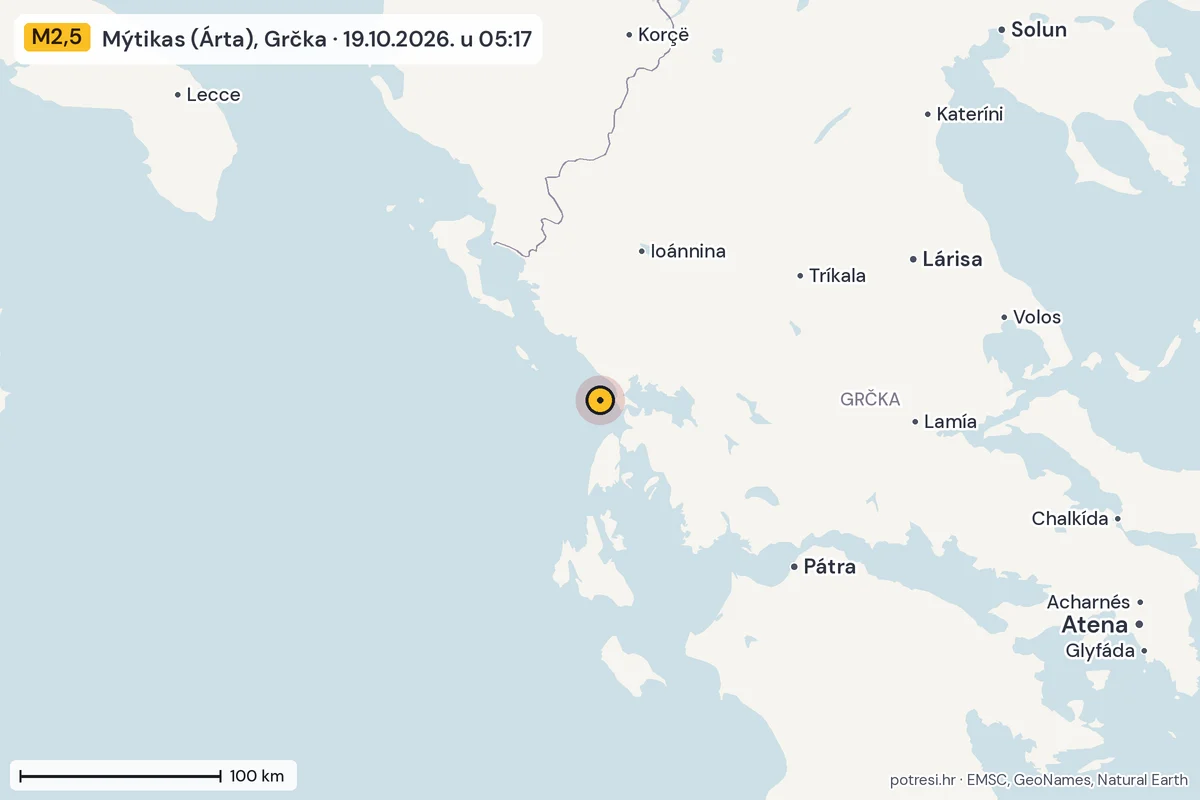 Karta: šire područje, 600 km, potres M2,5, Mýtikas (Árta), Grčka, 19.10.2026.