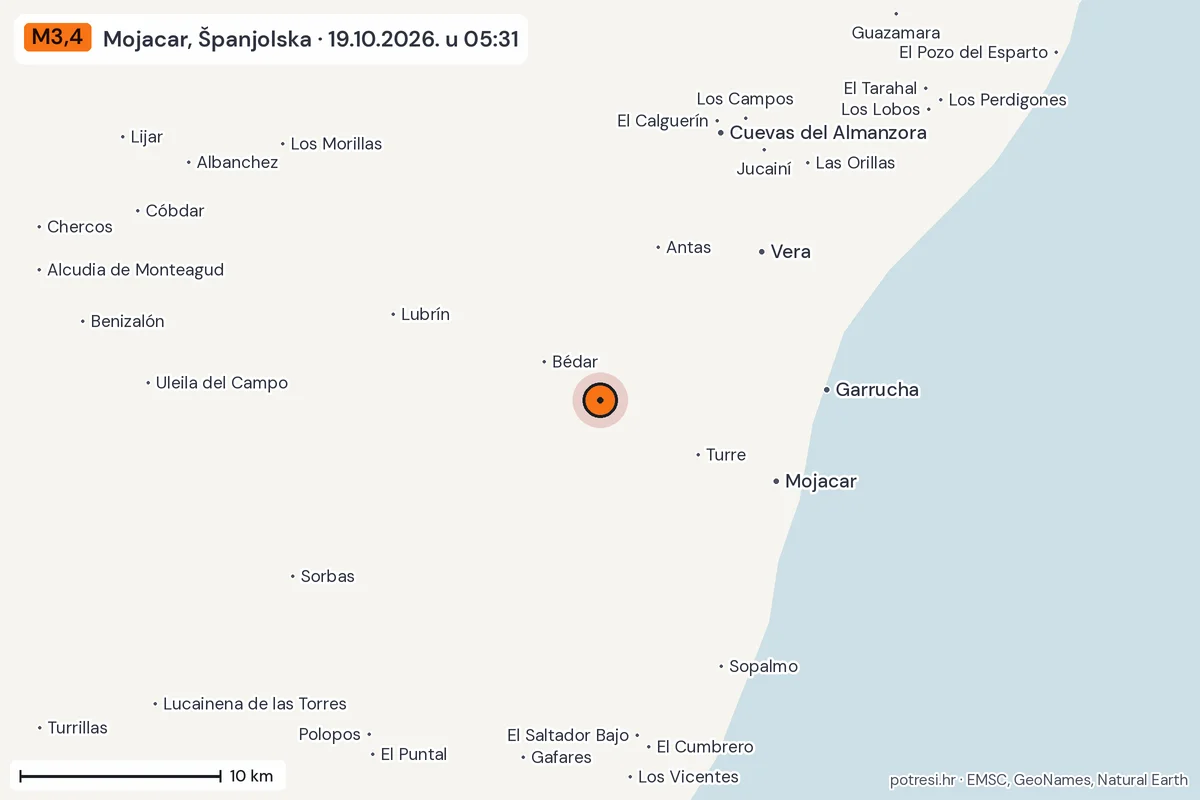 Karta: okolica epicentra, 60 km, potres M3,4, Mojacar, Španjolska, 19.10.2026.