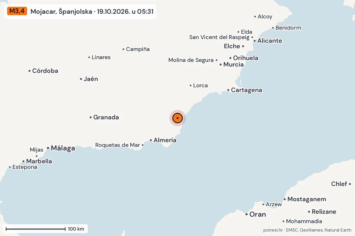 Karta: šire područje, 600 km, potres M3,4, Mojacar, Španjolska, 19.10.2026.