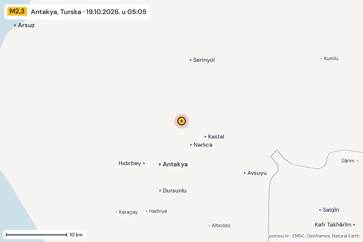Karta: okolica epicentra, 60 km, potres M2,3, Antakya, Turska, 19.10.2026.