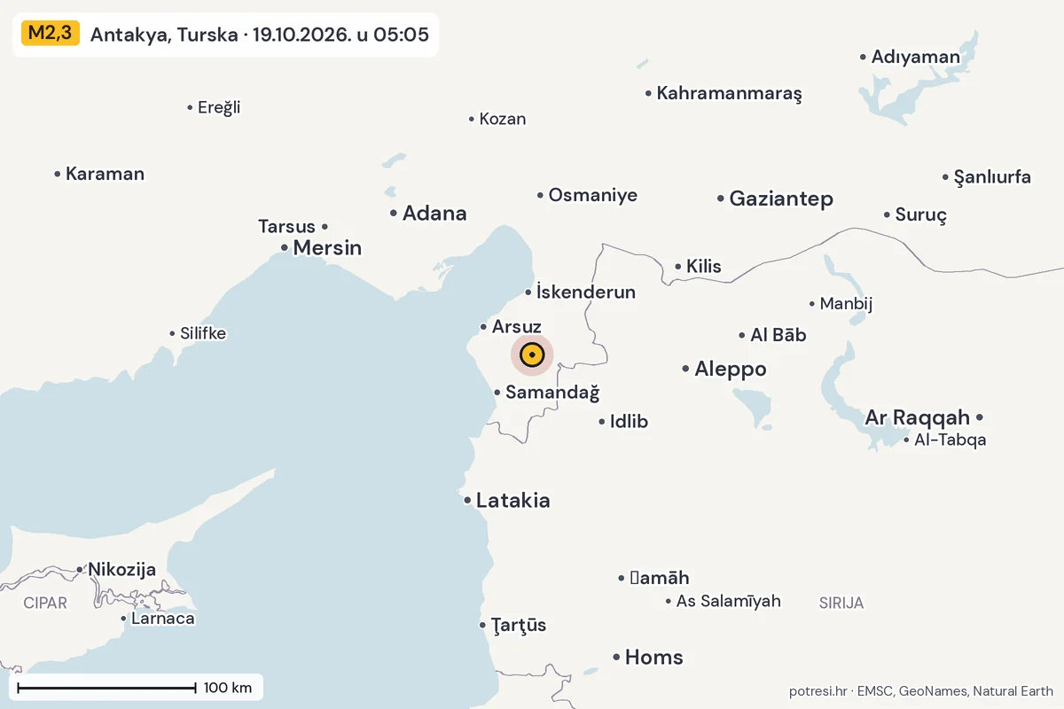 Karta: šire područje, 600 km, potres M2,3, Antakya, Turska, 19.10.2026.