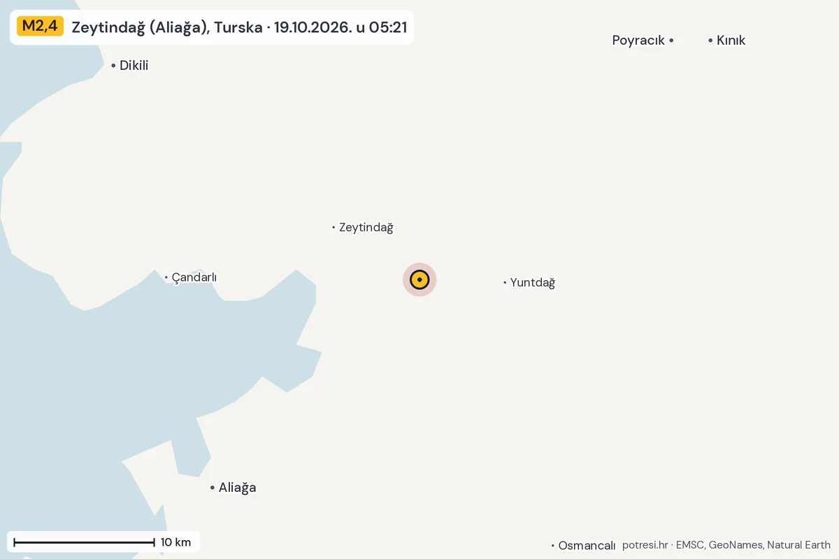 Karta: okolica epicentra, 60 km, potres M2,4, Zeytindağ (Aliağa), Turska, 19.10.2026.